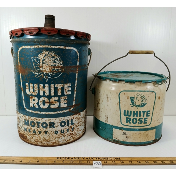 LOT OF 2 - WHITE ROSE MOTOR CANS - 5 GAL & 25 LBS