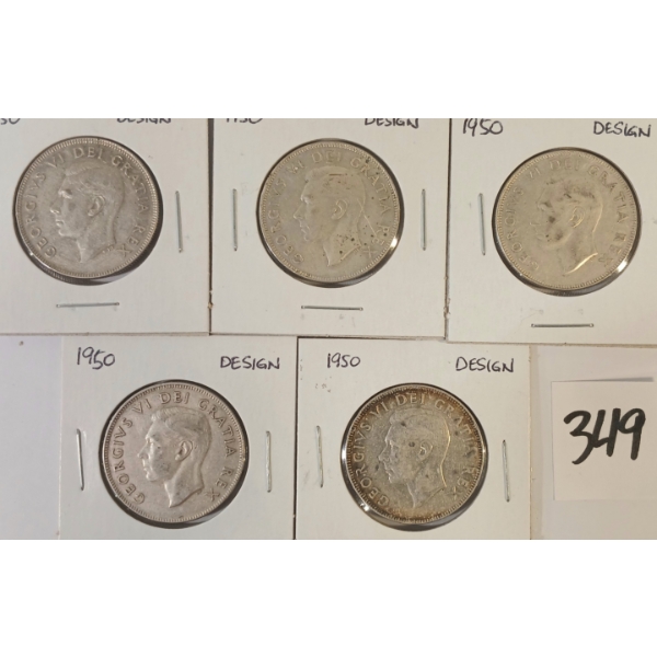 LOT OF 5 - 1950 CDN SILVER HALF DOLLARS