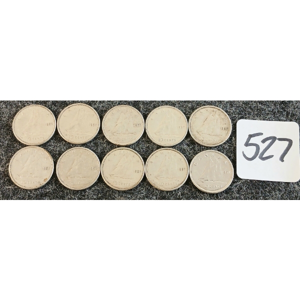 LOT OF 10 - 1957 CDN 10 CENT COINS