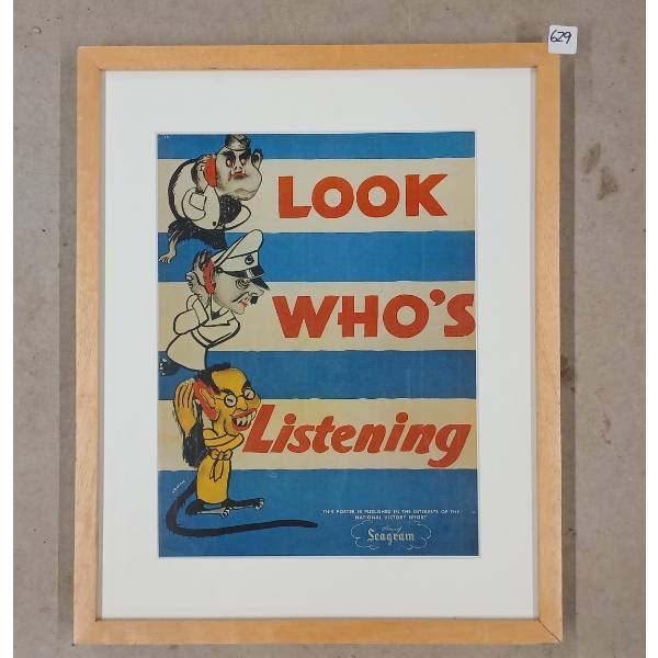WWII "LOOK WHO'S LISTENING" PROPAGANDA POSTER - FRAMED
