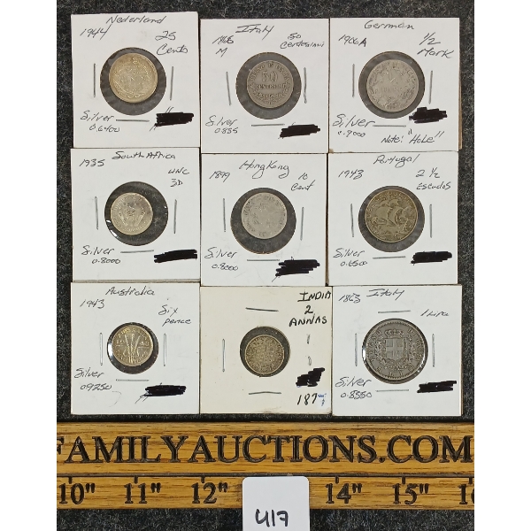 LOT OF 9 - 1866-1944 MISC SILVER WORLD COINS - INCL AUSTRALIA, GERMAN, ITALY, ETC