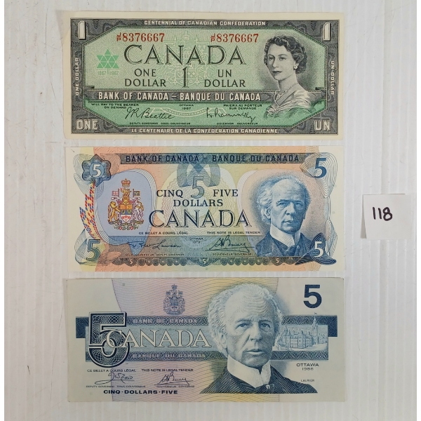 LOT OF 3 - 1967 CDN $1, 1979 CDN $5 & 1986 CDN $5 BANKNOTES
