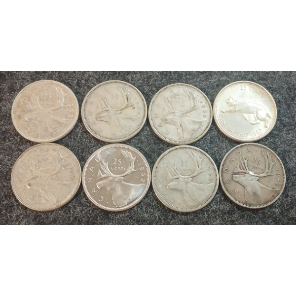 LOT OF 8 - 1942-1968 CDN 25 CENT COINS