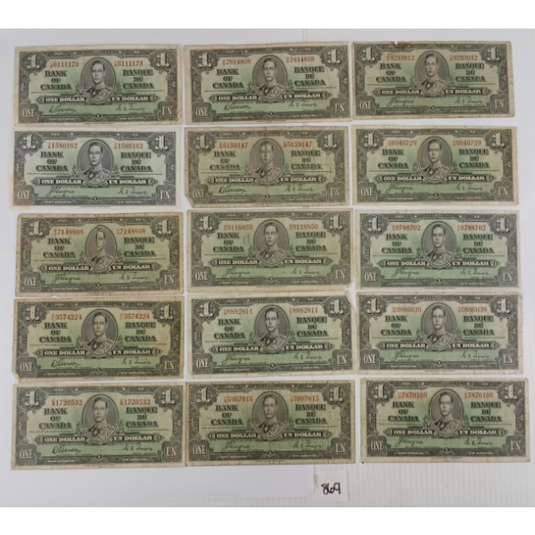 LOT OF 17 - 1937 CDN $1 BANKNOTES
