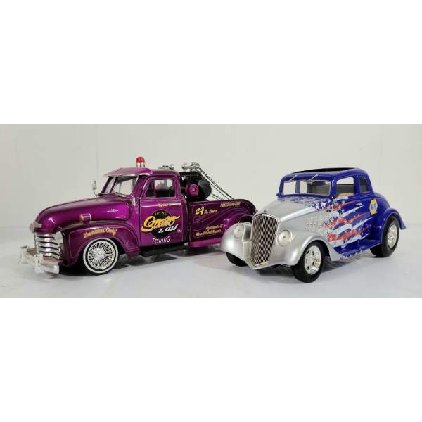 LOT OF 2 - JADA DIECAST 1953 CHEVROLET TOWTRUCK & FIRST GEAR 1933 COUPE STREET ROD COIN BANK - NAPA
