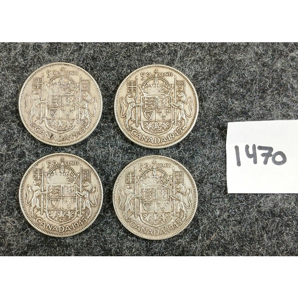 LOT OF 4 - 1945 CDN 50 CENT SILVER COINS 