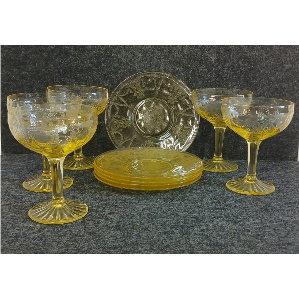 LOT OF 10 - 1930'S TOPAZ HOCKING GLASS GOBLETS & SAUCERS - BALLERINA PATTERN