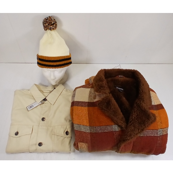 LOT OF 3 - BRIXTON & WESC MEN'S MEDIUM COAT, DRESS SHIRT & HAT