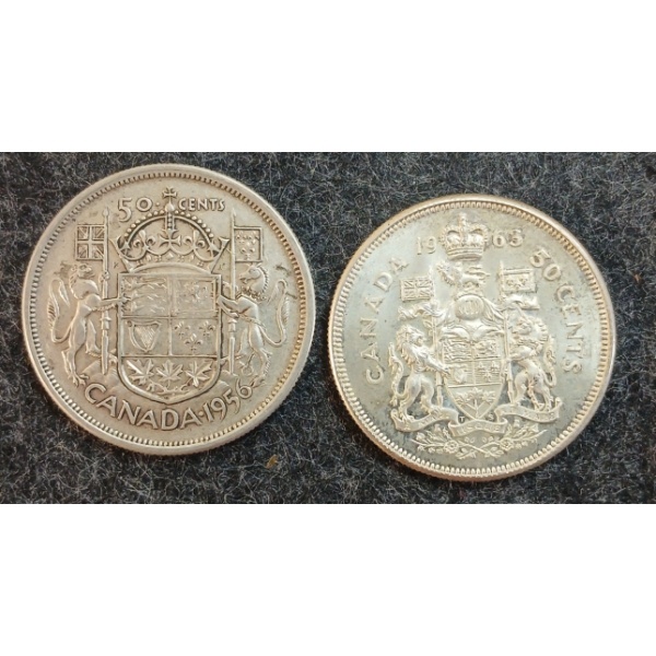 LOT OF 2 - 1956 & 1963 CDN 50 CENT SILVER COINS