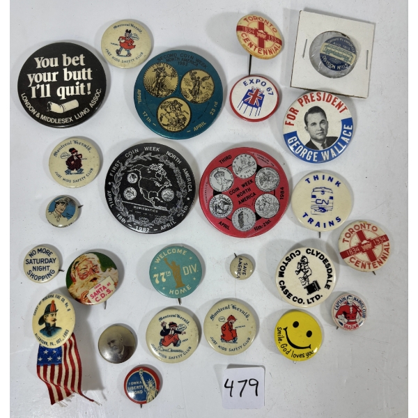 JOB LOT - PIN BACKS - INCL CAPTAIN MARVEL CLUB, 1903 FIREMANS PIN, ETC