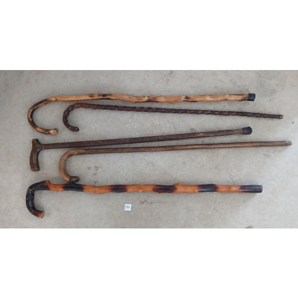 LOT OF 5 - WOOD CARVED WALKING STICKS