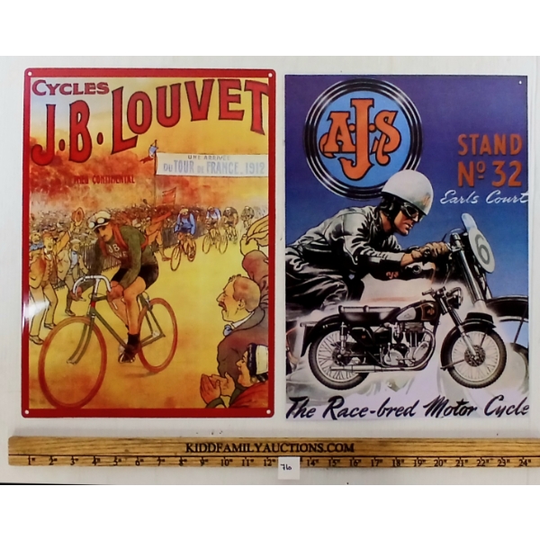 LOT OF 2 - J.B. LOUVET CYCLES & A.J.S. NO. 32 MOTORCYCLE SST SIGNS