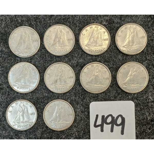 LOT OF 10 - 1958 CDN 10 CENT COINS