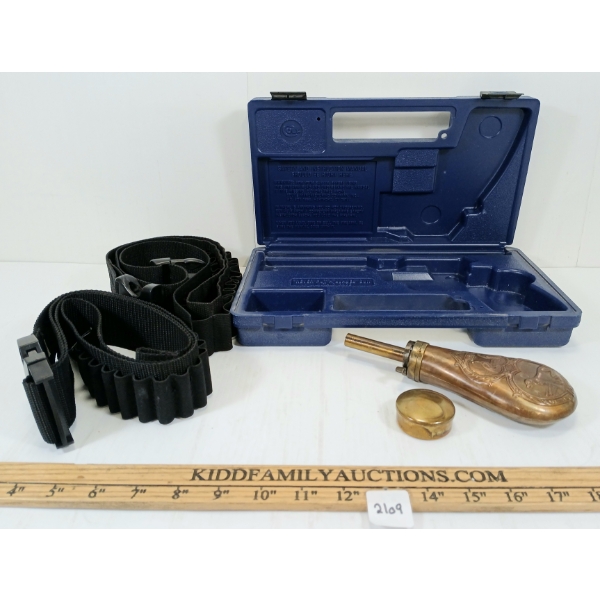 LOT OF 5 - BRASS POWDER FLASK, COLT HANGUN CASE, CARTRIDGE BELTS & BRASS PERCUSSION CAP TIN 