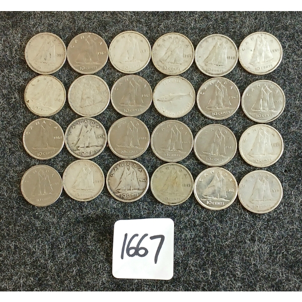 LOT OF 24 - 1946-1973 CDN 10 CENT COINS