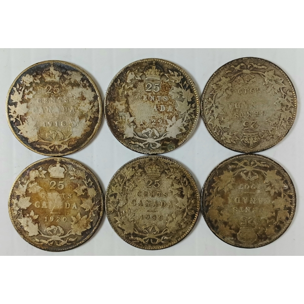 LOT OF 6 - 1907-1930 CDN 25 CENT COINS 