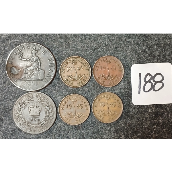 LOT OF 6 - 1825 BC HALF PENNY  1876 & 1941-1943 NEWFOUNDLAND CENT COINS