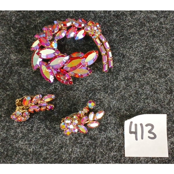LOT OF 2 - SHERMAN RUBY TONE RHINESTONE BROOCH & CLIP ON EARRINGS