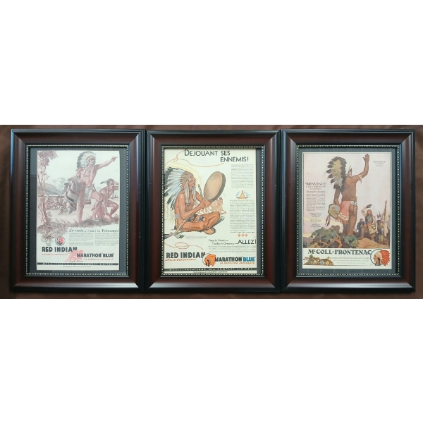 LOT OF 3 - FRAMED FRENCH RED INDIAN MARATHON "BLUE" PAPER ADVERTISEMENTS