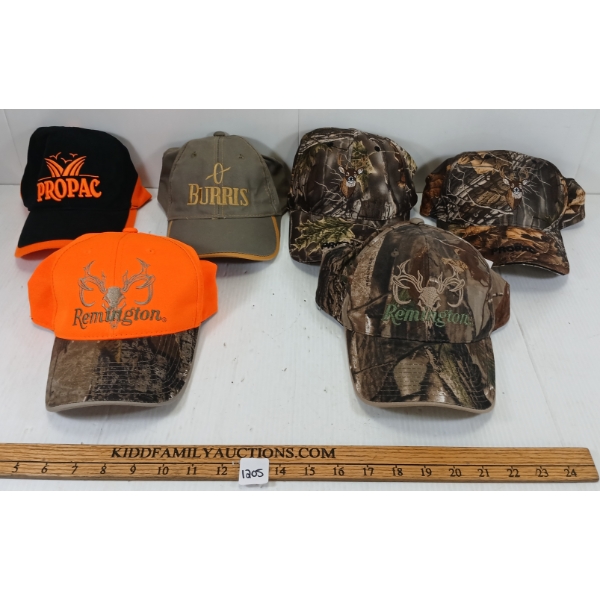LOT OF 6 - MISC HUNTING CAPS - INCL REMINGTON & BURRIS ETC