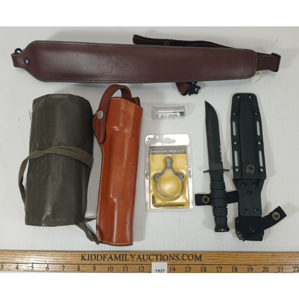 LOT OF 5 - KA-BAR HUNTING KNIFE, BIANCHI LEATHER HOLSTER, ALLEN SLING, ETC
