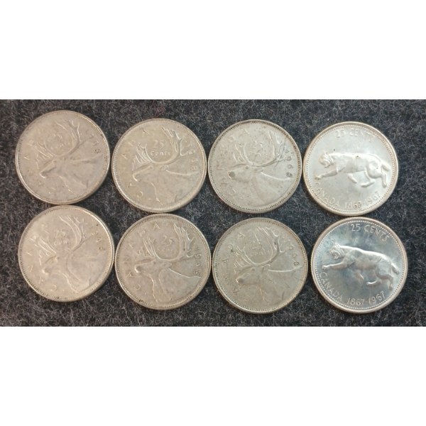 LOT OF 8 - 1967-1968 CDN 25 CENT COINS