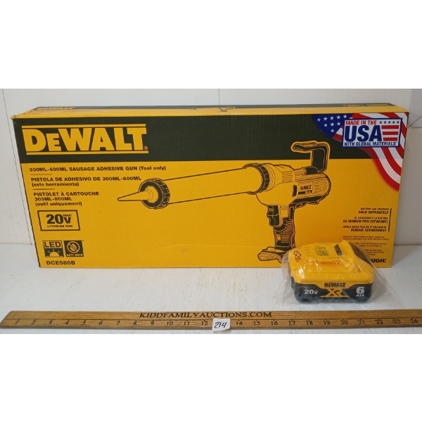 LOT OF 2 - DEWALT 300-600ML SAUSAGE ADHESIVE GUN & 20V BATTERY