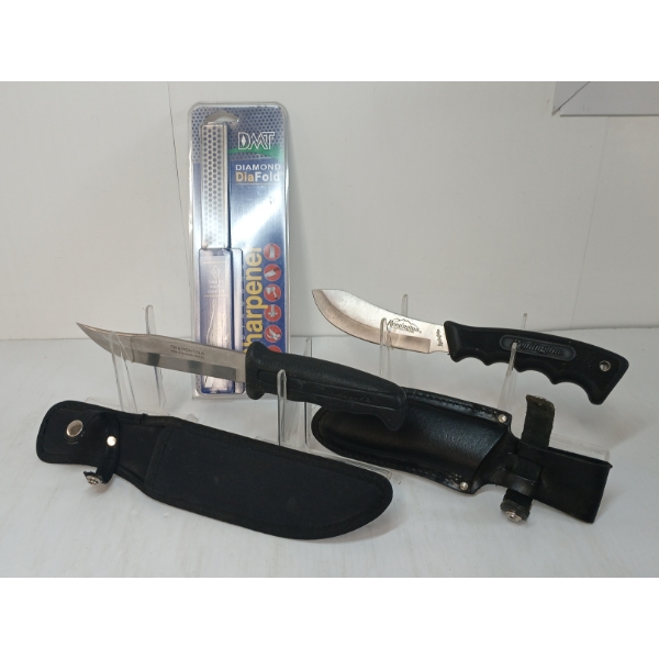 LOT OF 3 - FIXED BLADE KNIVES W/ SHEATHS & SHARPENING TOOL