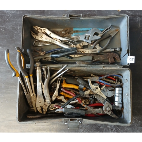 JOB LOT - OLD PAL TACKLE BOX W/ TOOLS - INCL MISC PLIERS & WRENCHES