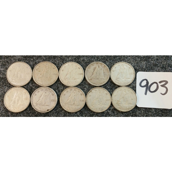 LOT OF 10 - 1942-1968 CDN 10 CENT COINS