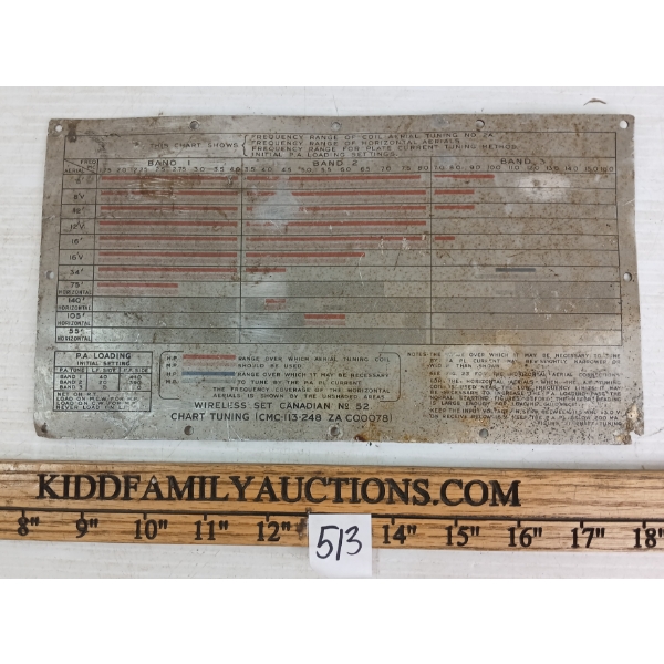 WWII CDN WIRELESS SET NO. 52 TUNING CHART 