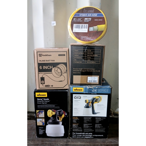 LOT OF 5 - WAGNER QX2 CONTROL SPRAYER, 6IN DUCT FAN, 25 X 1/4IN AIR HOSE, ETC - AS NEW
