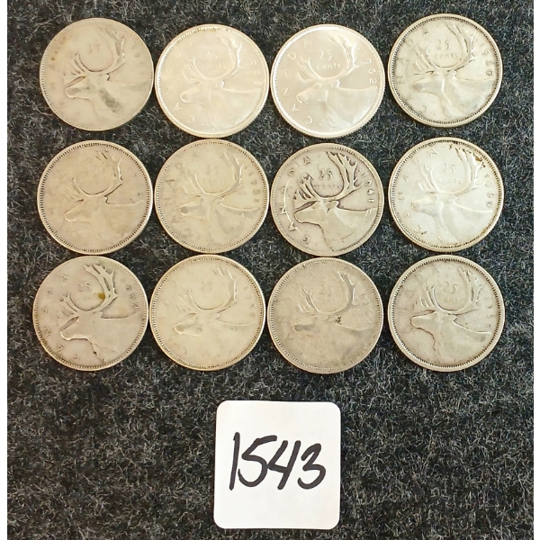 LOT OF 12 - 1941-1964 CDN 25 CENT COINS 