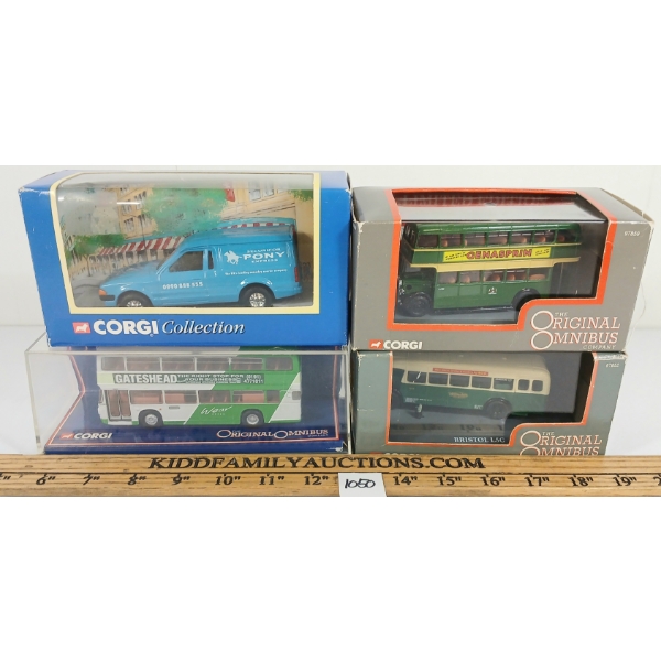 LOT OF 4 - CORGI DIECAST - LEYLAND OLYMPIAN WEAR BUSES, BRISTOL L6A, ESCORT VAN, ETC