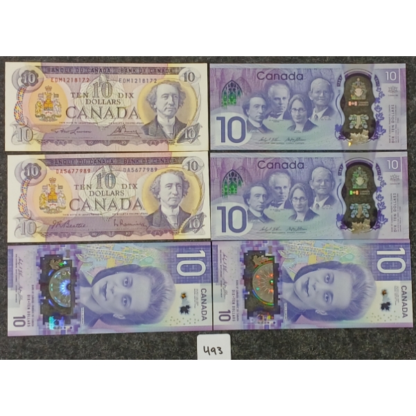 LOT OF 6 - 1971-2018 CDN $10 BANKNOTES - INCL UNCIRCULATED & CONSECUTIVE