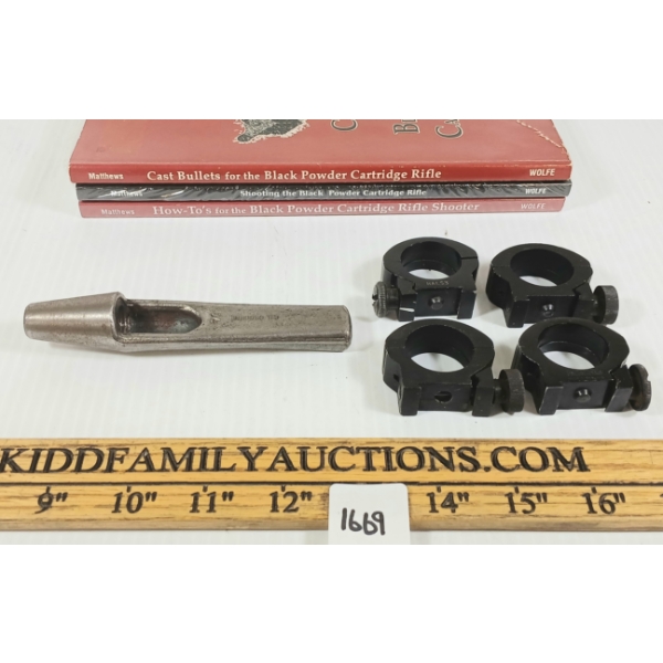 LOT OF 8 - FIREARM PUBLICATIONS, .45 WAD PUNCH, PARKER HALE 1IN SCOPE RINGS