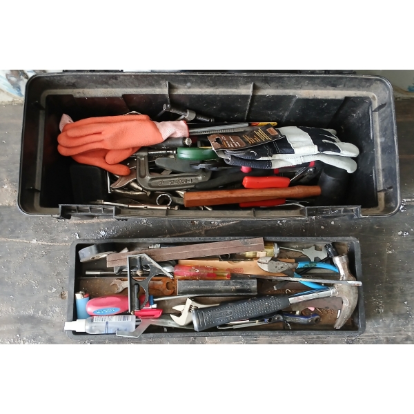 TOOLBOX W/ CONTENTS - INCL HAMMER, WORK GLOVES, ETC