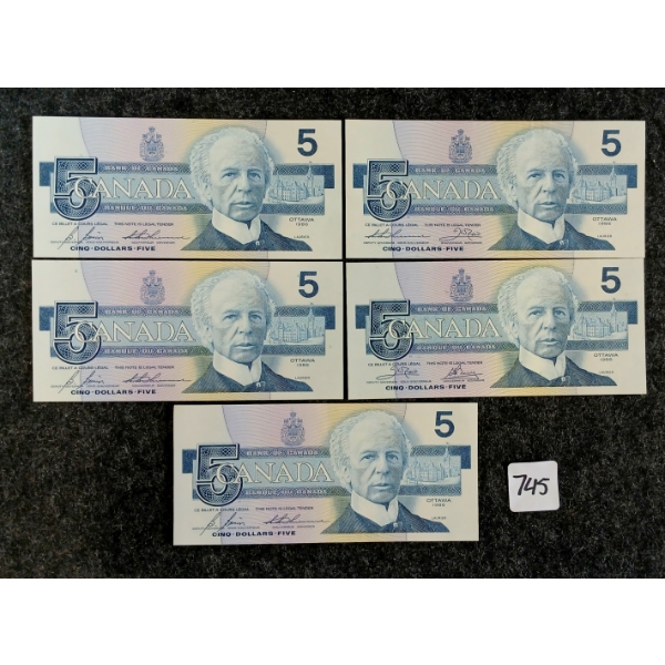 LOT OF 5 - 1986 CDN $5 BANKNOTES - UNCIRCULATED