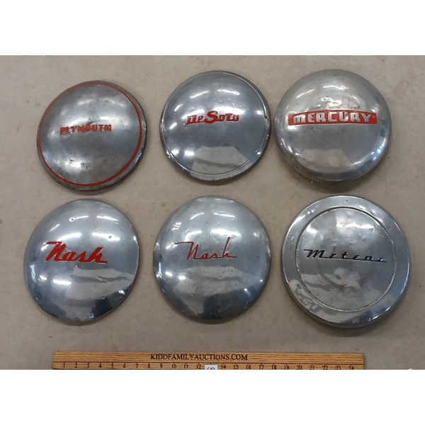 LOT OF 6 - 10IN HUBCAPS - NASH, METEOR, DESOTO, MERCURY & PLYMOUTH