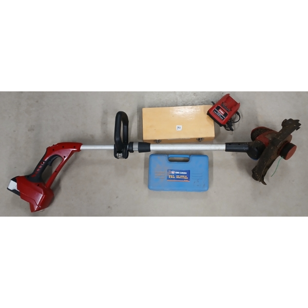 LOT OF 4 - WEED WACKER, DRUM SANDING KIT, FORSNER BITS SET & TORO BATTERY CHARGER