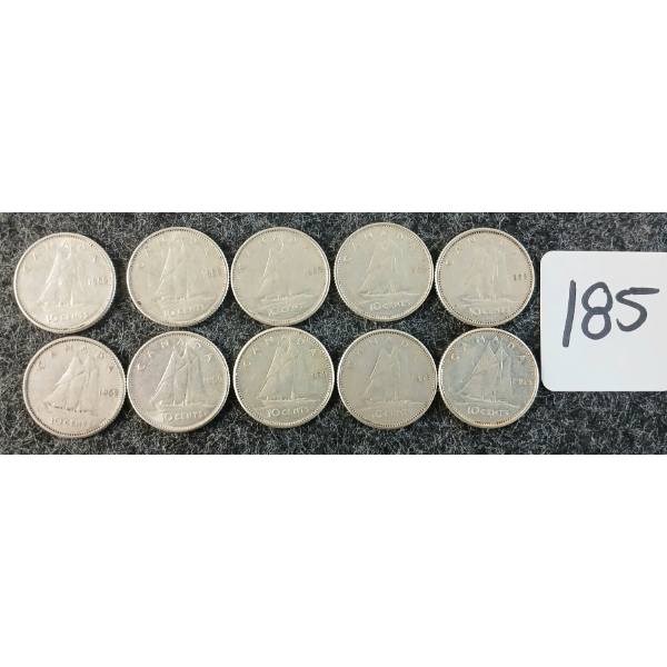 LOT OF 10 - 1959 CDN 10 CENT COINS