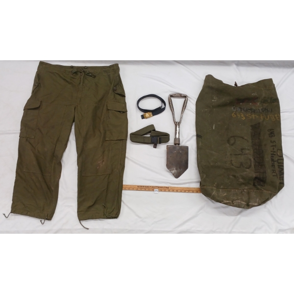 LOT OF 5 - MISC BELTS, WINDBREAKER PANTS, DUFFEL BAG & FOLDING TRENCH SHOVEL