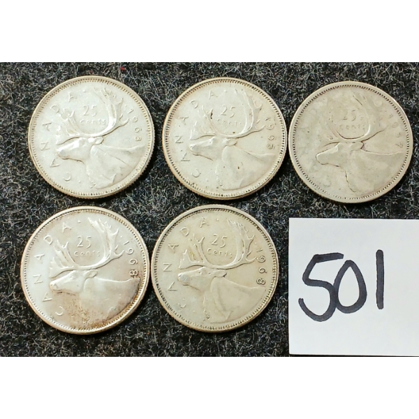 LOT OF 5 - 1957-1968 CDN 25 CENT SILVER COINS