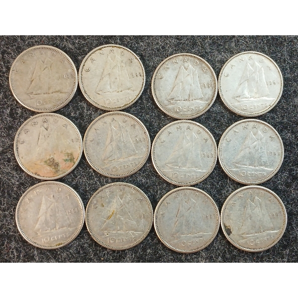 LOT OF 12 - 1959-1966 CDN 10 CENT COINS