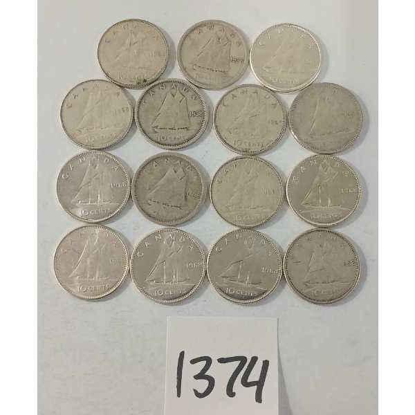 LOT OF 15 - 1938-1968 CDN SILVER DIMES