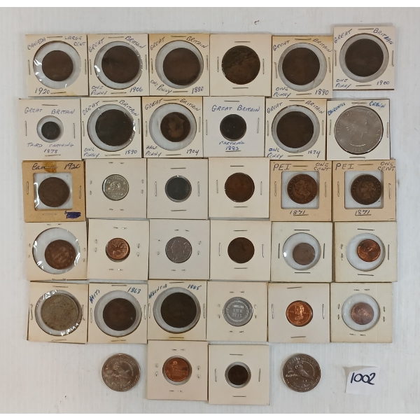 LOT OF 34 - WORLD COINS & TOKENS - INCL LARGE CENTS & SILVER PCS