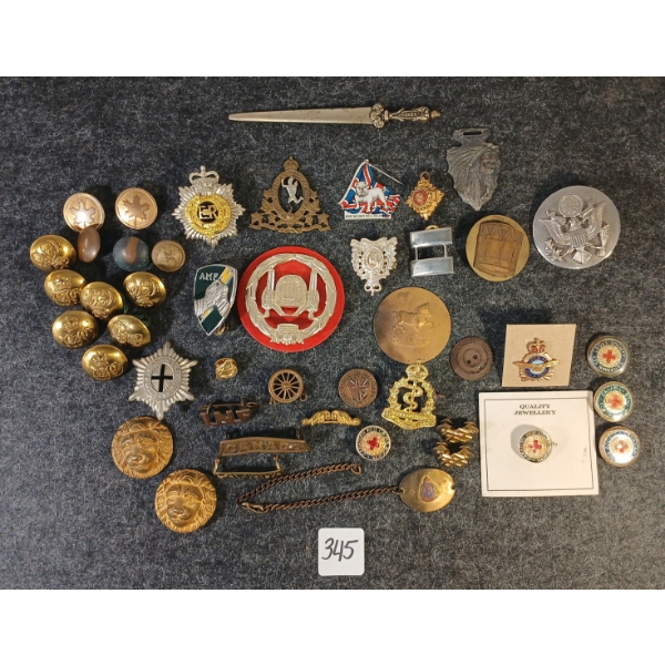 JOB LOT - MILITARIA BADGES, BUTTONS, PINS, ETC - INCL WWI CDN SHOULDER TITLE & RED CROSS SOCIETY PIN
