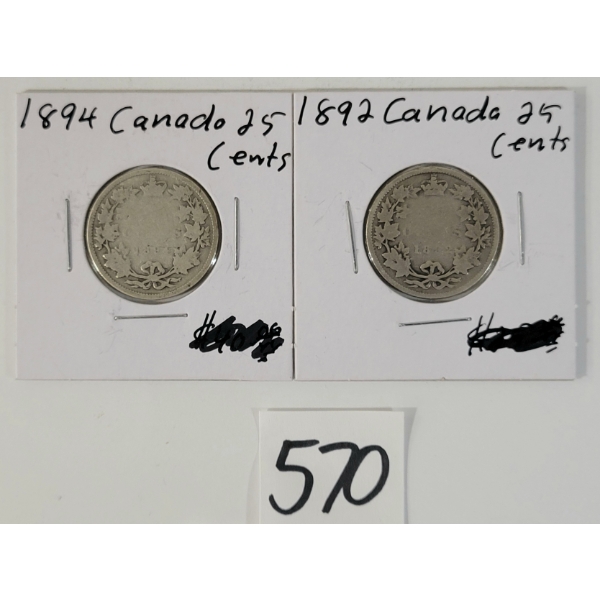 LOT OF 2 - 1892 & 1894 CDN 25 CENT SILVER COINS