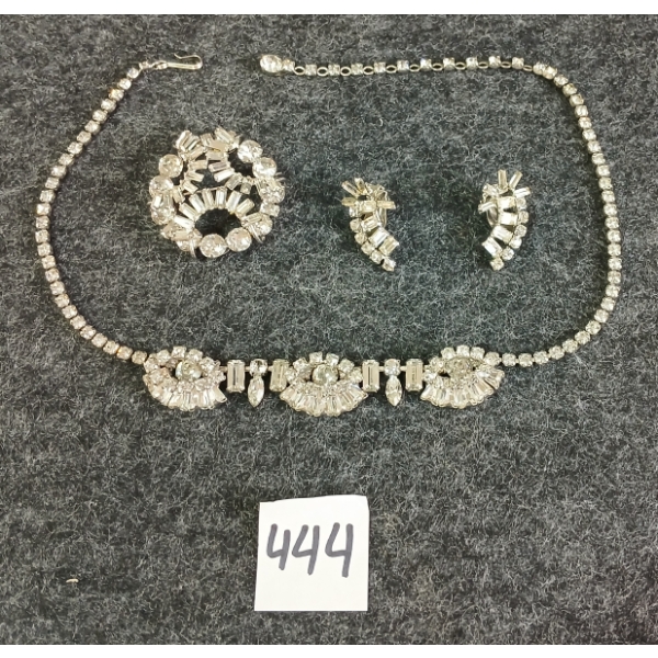 LOT OF 3 - SHERMAN RHINESTONE NECKLACE, BROOCH & CLIP ON EARRINGS