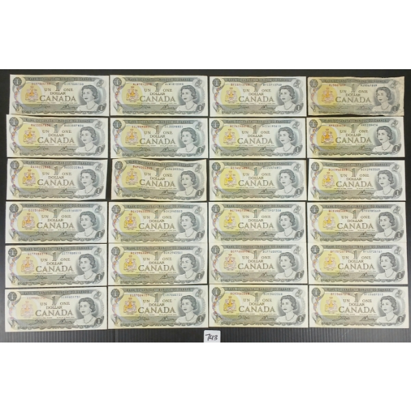 LOT OF 24 - 1973 CDN $1 BANKNOTES - SOME UNCIRCULATED